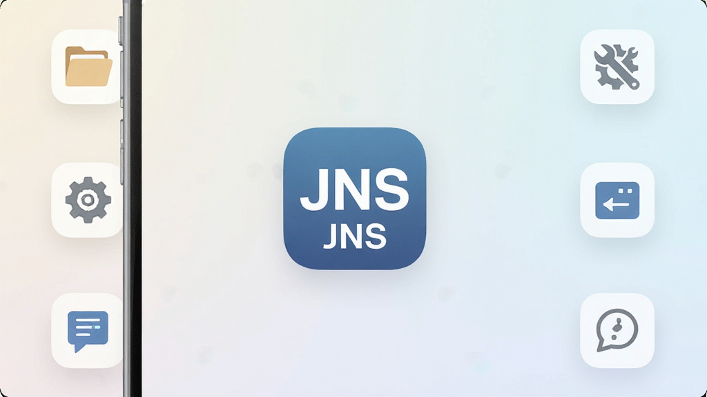 一张展示JNS软件主界面的手机屏幕截图,画面中央是JNS应用图标与名称“JNS”,背景为简洁的浅色渐变,周围环绕着功能图标如文件、设置、工具等,整体风格现代清爽,排版居中对称,细节清晰,画质干净,无多余元素