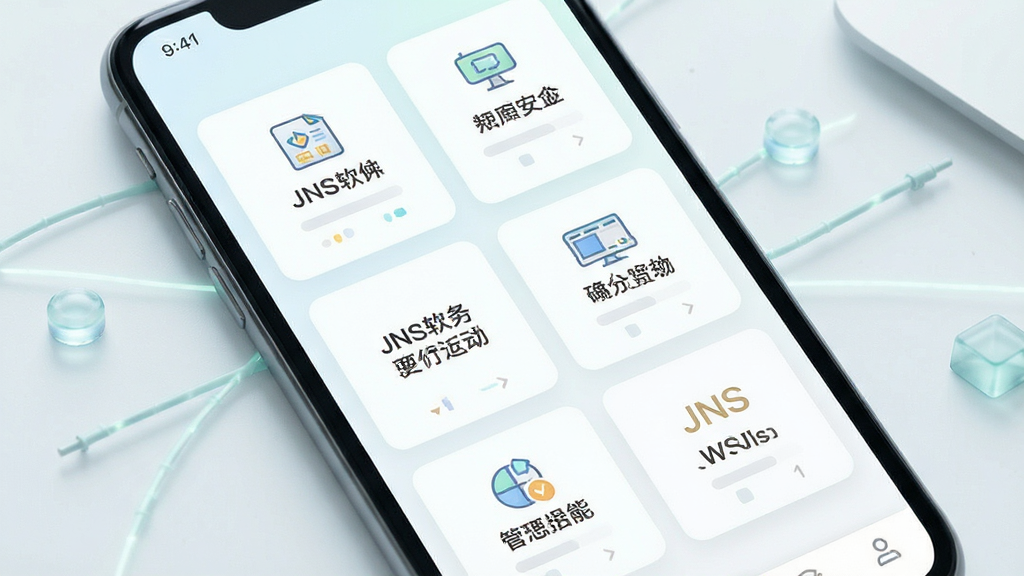 JNS软件功能布局示意图,手机屏幕中显示清晰的功能模块卡片,每张卡片标注不同功能名称,整体排版整齐,风格清新浅色,细节精致,画质干净,无多余元素