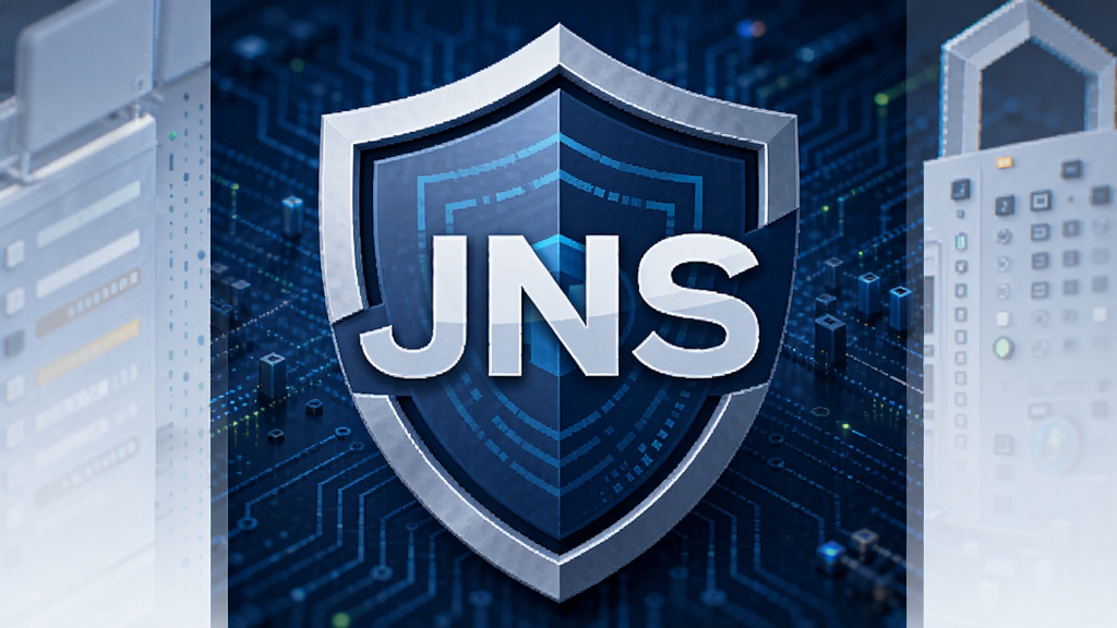 JNS软件隐私安全保护主题图,画面中央是盾牌与“JNS”字样结合的安全图标,背景为深蓝色科技纹理,布局居中,风格稳重安全,细节清晰,画质干净,无多余元素