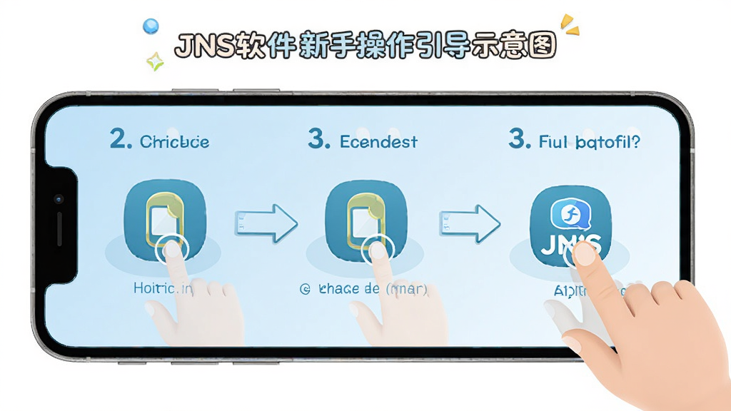 JNS软件新手操作引导示意图,手机屏幕显示分步操作提示,画面中有手指点击图标与“JNS”字样,布局清晰步骤化,风格友好直观,细节明确,画质干净,无多余元素