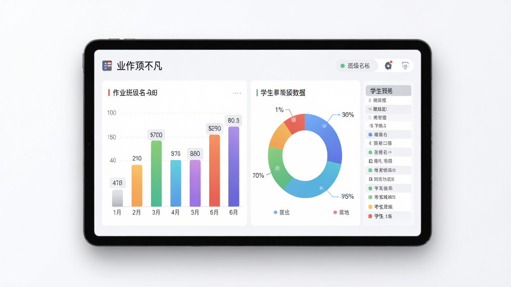 作业不凡学情数据统计界面预览图,主体是平板电脑屏幕显示彩色柱状图与环形统计图,图表旁有班级名称和学生名单列表,布局采用水平延展,平板位于画面中央,风格为简约商务扁平风,细节包括数据标签、渐变色彩和投影效果,画质高清,干净,无多余元素