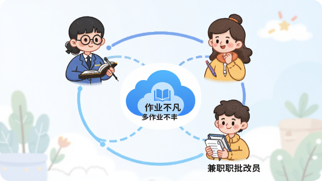 作业不凡多角色协同管理示意图,主体是三个卡通人物分别代表教师、家长和兼职批改员,围绕一个中心云平台图标,布局采用环形围绕式,中心为作业不凡Logo,风格为卡通扁平插画,细节包括角色服饰特征、连接线条和柔和背景,画质清晰,干净,无多余元素