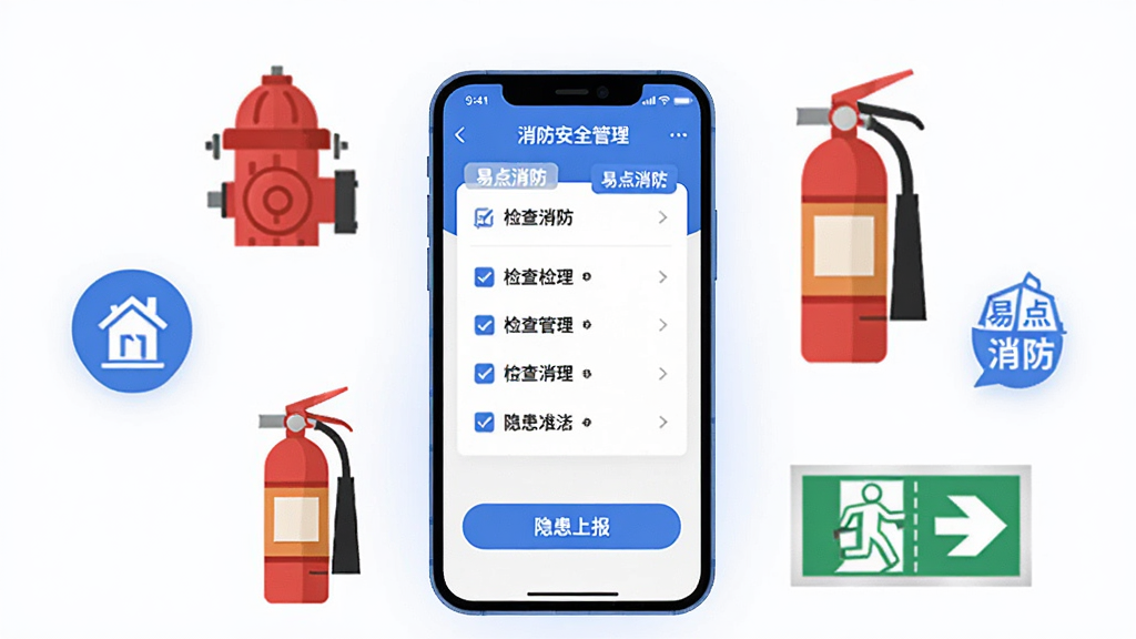 画面中央一部智能手机竖屏展示消防安全管理应用界面,界面内包含检查列表与隐患上报按钮,手机周围环绕消防栓、灭火器、安全出口标识等扁平化图标,整体采用蓝白配色方案,布局简洁清晰,风格为现代科技扁平插画,细节处体现“易点消防”字样标签,画质高清,背景干净,无多余元素