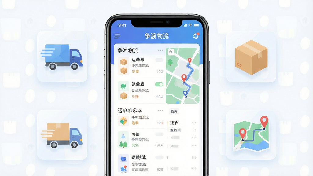 主体为一部智能手机屏幕中展示物流管理APP界面,布局采用居中构图,手机两侧悬浮半透明的货车、包裹、路线图图标,排版简洁清晰,风格为现代科技感扁平插画,细节包括屏幕内显示运单列表与地图轨迹,画质高清干净无多余元素,画面中文字标注“争渡物流”