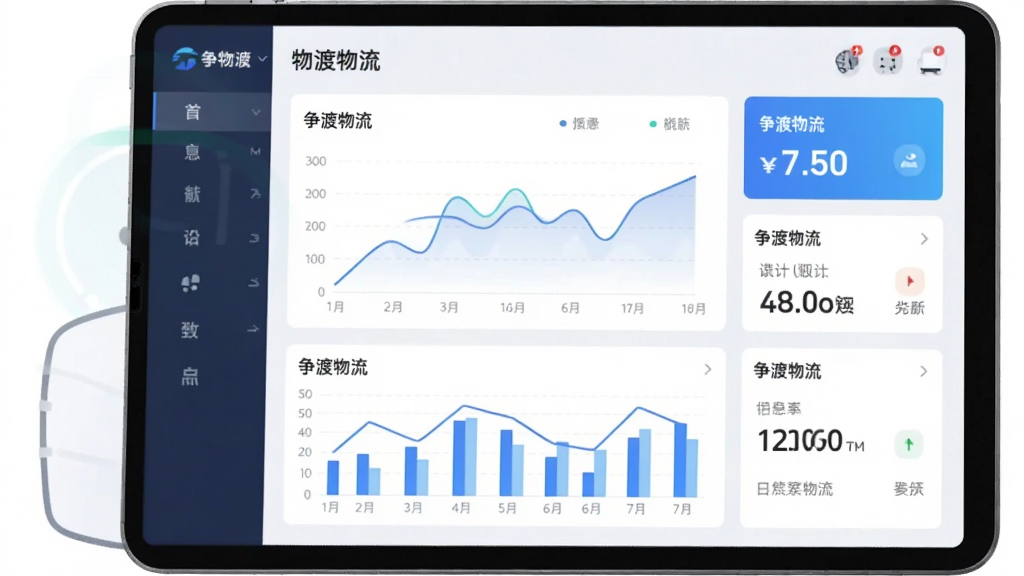 主体为平板电脑上展示物流数据看板,布局采用仪表盘式信息卡片排列,排版层次分明,风格为清新商务扁平风,细节包括折线图、柱状图与数字指标,画面中文字标注“争渡物流”
