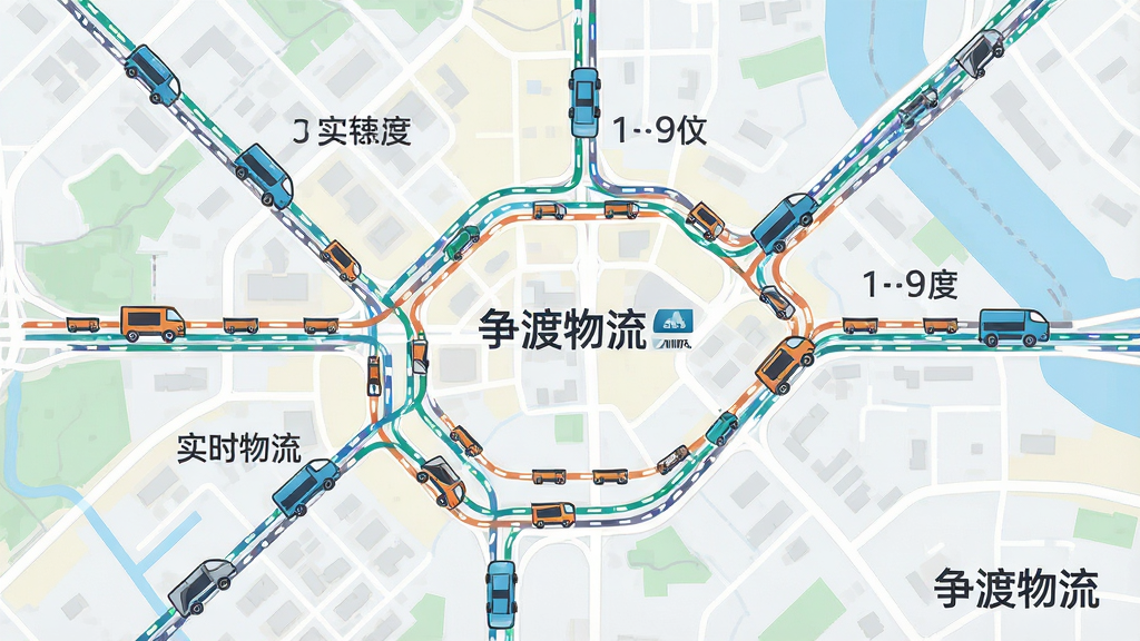 主体为城市地图上多条运输路线与移动车辆图标,布局采用俯视地图铺满画面,排版以路线流动线条引导视觉,风格为简洁矢量地图风,细节包括车辆图标旁标注争渡物流与实时速度,画质高清干净无多余元素,画面中文字标注“争渡物流”