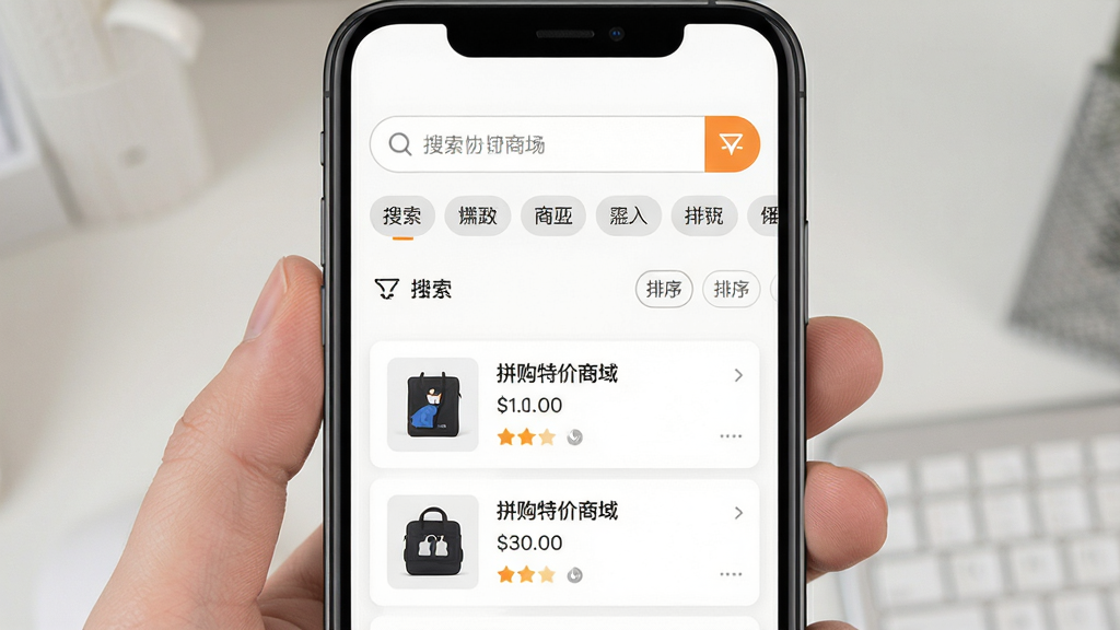 拼购特价商城搜索筛选界面,手机屏幕展示搜索框与分类标签,主体为搜索区域,布局上部搜索下部列表,排版清晰,风格简约,细节包含筛选图标和排序选项,画质清晰,干净无多余元素