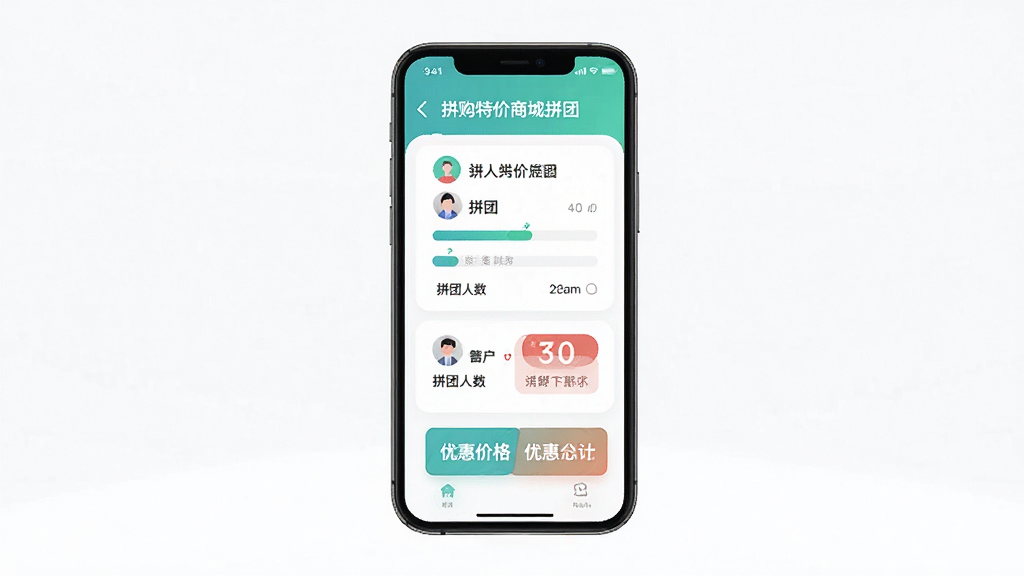 拼购特价商城拼团功能界面,画面中展示多人拼团进度与优惠价格对比,主体为手机屏幕,布局居中,排版简洁,风格清新明快,细节包含拼团人数图标和倒计时,画质清晰,干净无多余元素