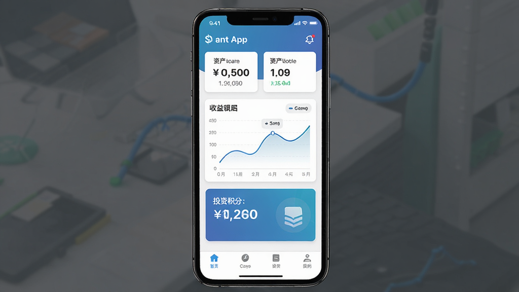 一张手机应用界面展示图,主体是慢慢变富App的资产总览页面,布局为居中的手机屏幕模型,屏幕内显示资产总额、收益曲线和投资积分卡卡片,排版简洁清晰,风格为现代扁平化金融科技风,细节包含数字卡片、折线图、底部导航栏,画质高清,画面干净,无多余元素。