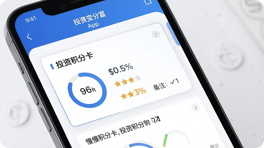一张投资积分卡功能展示图,主体是慢慢变富App中的积分卡详情页,布局为手机屏幕正面展示,屏幕内显示一张带有标签、评分和备注的投资卡片,排版整齐,风格为清爽商务风,细节包含卡片边框、分数圆环、文字备注区域,画面高清,干净,无多余元素。