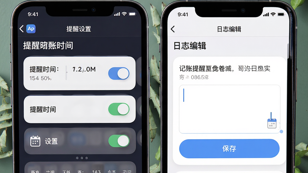 一张记账提醒与复盘日志展示图,主体是慢慢变富App的提醒设置和日志编辑界面,布局为两部手机屏幕并排展示,左侧显示提醒时间设置,右侧显示文字输入框和保存按钮,排版规整,风格为柔和圆角卡片风,细节包含开关按钮、日历图标、输入光标,画质高清,干净,无多余元素。