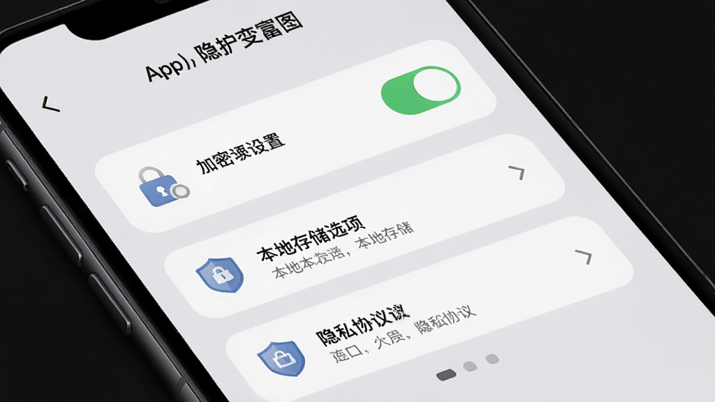 一张隐私保护功能展示图,主体是慢慢变富App的安全设置页面,布局为手机屏幕正面,屏幕内显示加密开关、本地存储选项和隐私协议入口,排版简洁,风格为浅灰质感安全风,细节包含锁形图标、盾牌标识、文字说明,画质高清,干净,无多余元素。