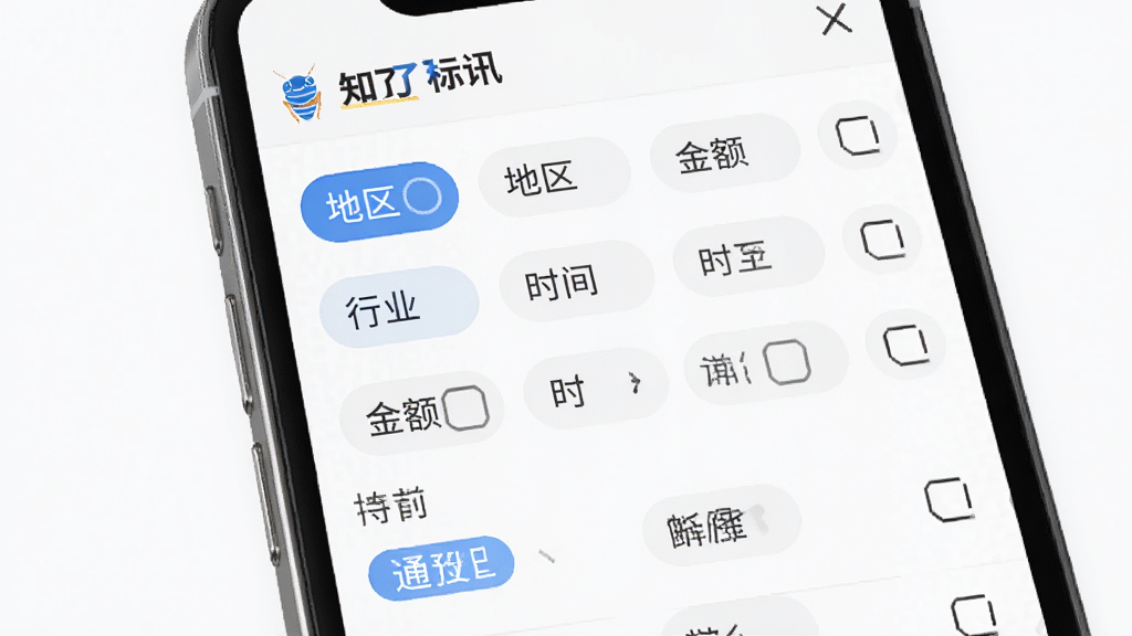 主体为“知了标讯”应用内的筛选界面,布局为手机屏幕展示,屏幕内显示多个筛选条件标签如地区、行业、金额、时间等;排版整齐有序;风格为简约商务风;细节包括筛选标签清晰可辨,背景干净;画质高清,干净,无多余元素。