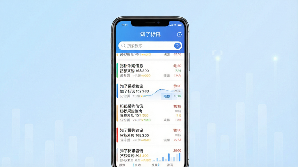 主体为一部智能手机,屏幕显示“知了标讯”应用界面,界面中包含招标采购信息列表和搜索框;布局为手机居中展示,背景为浅蓝色渐变;排版简洁清晰,突出应用界面;风格为现代商务科技感;细节包括屏幕内文字“知了标讯”清晰可见,列表条目整齐排列,搜索框位于顶部;画质高清,干净,无多余元素。