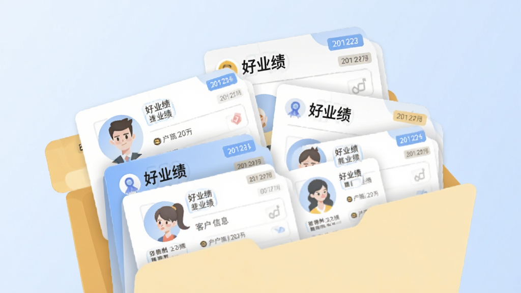 画面展示一个打开的文件夹,里面有多张客户信息卡片,卡片上写有“好业绩”字样和联系人头像。背景为柔和的浅蓝色渐变。布局为卡片错落排列,形成视觉层次。风格为商务插画风,细节包括卡片上的小图标和日期标签。画质清晰,干净,无多余元素。