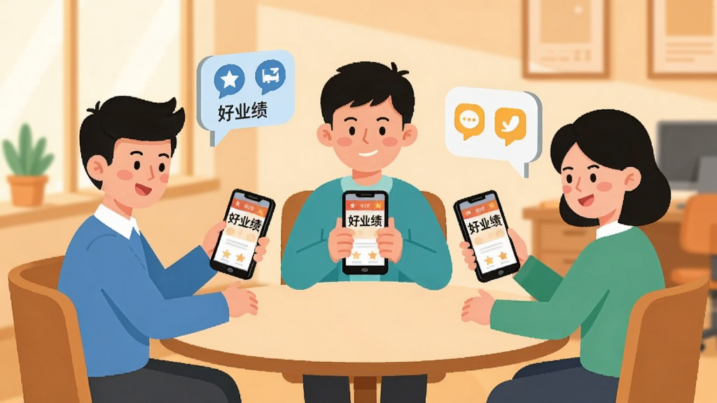 画面展示三个卡通人物围坐在圆桌旁,各自拿着手机,手机屏幕显示“好业绩”界面,桌上有对话气泡。背景为温馨的办公室。布局为三角形构图。风格为扁平化插画,细节包括人物表情和气泡中的图标。画质清晰,干净,无多余元素。