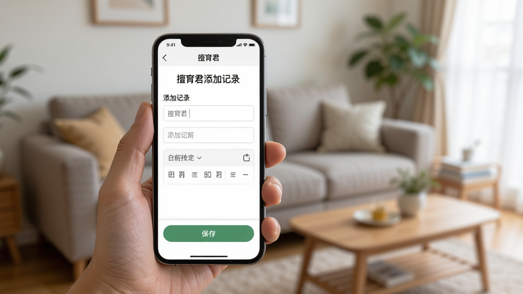 擅育君移动端操作示意图,画面中一只手拿着手机,手机屏幕显示擅育君添加记录页面,页面包含输入框、日期选择器和保存按钮,背景为居家客厅场景的虚化效果,整体风格生活化,排版简洁,画质清晰,无多余元素,图片中文字为擅育君添加记录