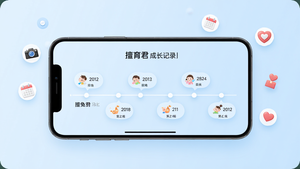 擅育君成长记录功能展示图,画面中一部手机横置,屏幕显示宝宝成长时间轴界面,时间轴上排列着多个记录节点,每个节点带有小图标和日期文字,背景为浅蓝色渐变,周围漂浮着相机、日历、爱心等小图标,整体风格简约现代,排版清晰,画质干净,无多余元素,图片中文字为擅育君成长记录