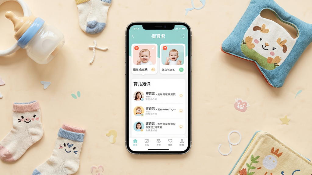 擅育君软件主界面展示图,画面中央放置一部智能手机,手机屏幕显示擅育君应用首页,页面包含宝宝成长记录卡片、育儿知识列表和底部导航栏,背景为温馨的淡米色,周围点缀奶瓶、小袜子、布书等育儿元素,整体风格清新柔和,排版简洁有序,画质清晰干净,无多余元素,图片中文字内容为擅育君