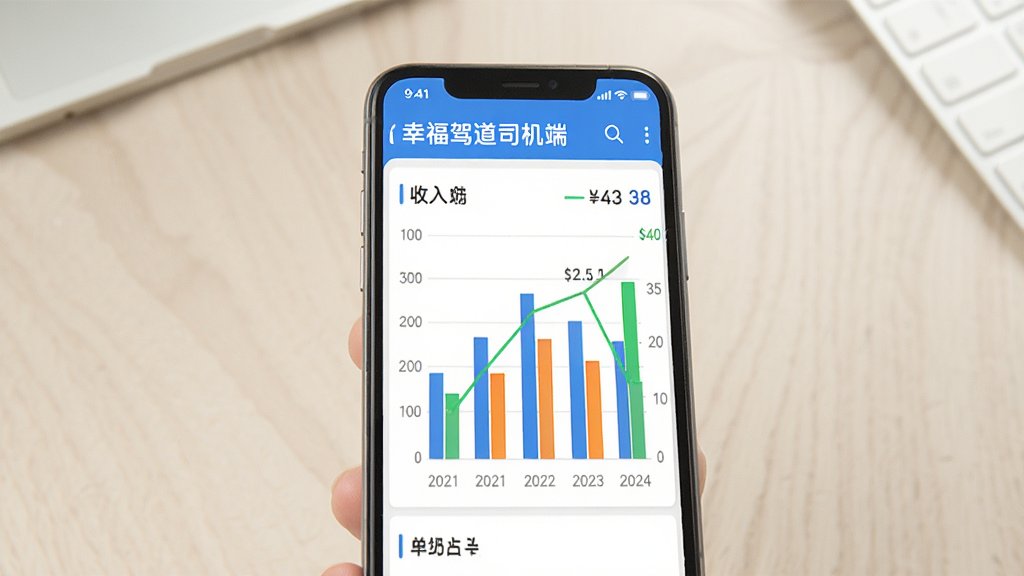 主体为手机屏幕显示“幸福驾道司机端”的收入统计图表,柱状图与折线图结合;布局为手机正面展示,背景为浅色办公桌面;排版整洁,图表颜色鲜明;风格商务简约;细节包括数字金额、日期标签、趋势线;画质清晰,画面干净,无多余元素。