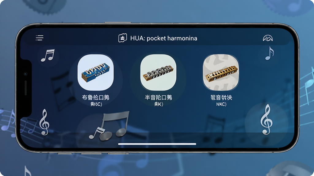 一部手机横屏展示HUA: pocket harmonica的多音色选择界面,屏幕中列出布鲁斯口琴、半音阶口琴等选项图标,背景为深蓝色渐变,音符符号漂浮在四周,画质清晰干净,风格现代科技感