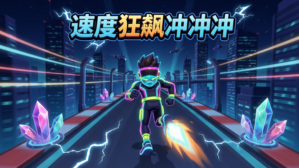 速度狂飙冲冲冲游戏主界面截图,主体为一名身穿霓虹光效运动服的角色在悬浮赛道上高速奔跑,背景是未来都市夜景与流光线条,布局采用中心透视构图突出速度感,排版上方放置游戏名称“速度狂飙冲冲冲”艺术字,风格为赛博朋克卡通渲染,细节包括闪电特效、能量晶体、加速尾焰,画质高清1080P,干净无多余元素