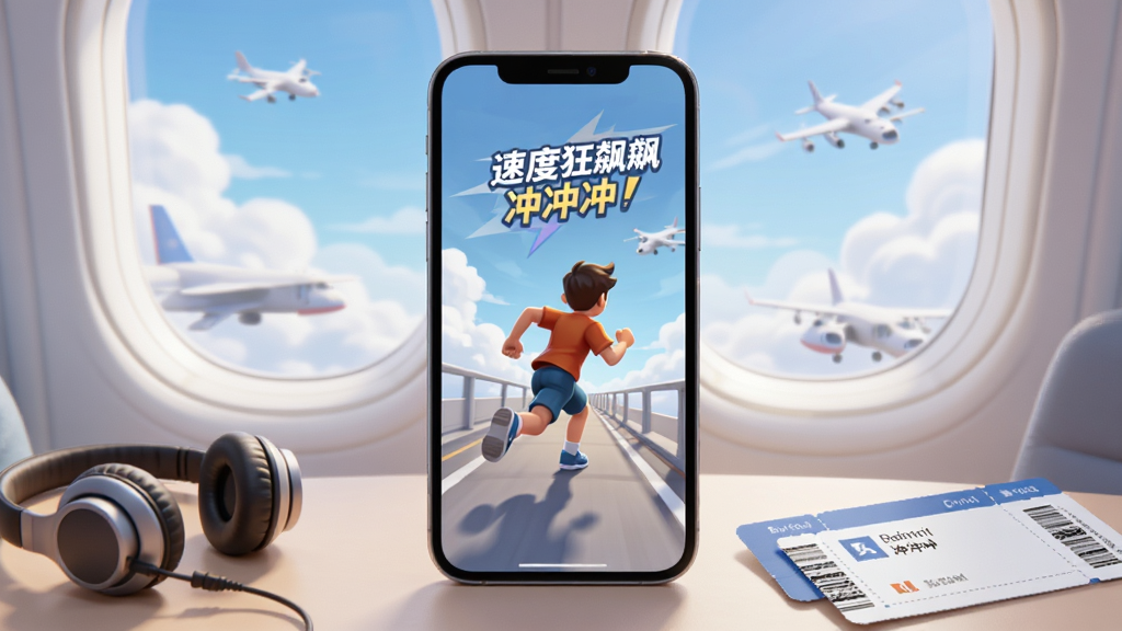 速度狂飙冲冲冲离线模式宣传图,主体为手机屏幕显示游戏画面并带有飞机窗外云层背景,布局为手机居中放置,风格为生活化场景插画,细节包括手机旁放置耳机与登机牌、屏幕内角色正在奔跑,画质柔和,干净无多余元素