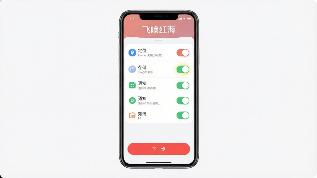 飞嘀红海新手设置引导图,画面主体为一部竖屏手机,屏幕内显示权限设置页面,顶部有“飞嘀红海”文字,中部为定位、存储、通知等权限开关列表,底部有“下一步”按钮。布局采用上下结构,排版清晰。风格为扁平化设置界面展示,细节包括开关高亮、图标圆角、文字说明。画质高清,干净,无多余元素。