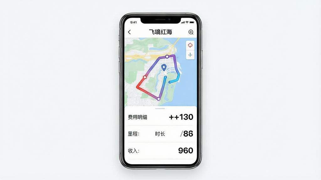 飞嘀红海行程管理界面展示图,画面中央是一部竖屏手机,屏幕内显示行程详情页,顶部有“飞嘀红海”标识,中部为路线地图和行驶轨迹线条,底部为费用明细列表,包含里程、时长、收入等条目。布局采用上下结构,排版整齐。风格为清爽简约的UI展示风格,细节包括地图路线渐变、列表分割线、数字加粗显示。画质高清,干净,无多余元素。