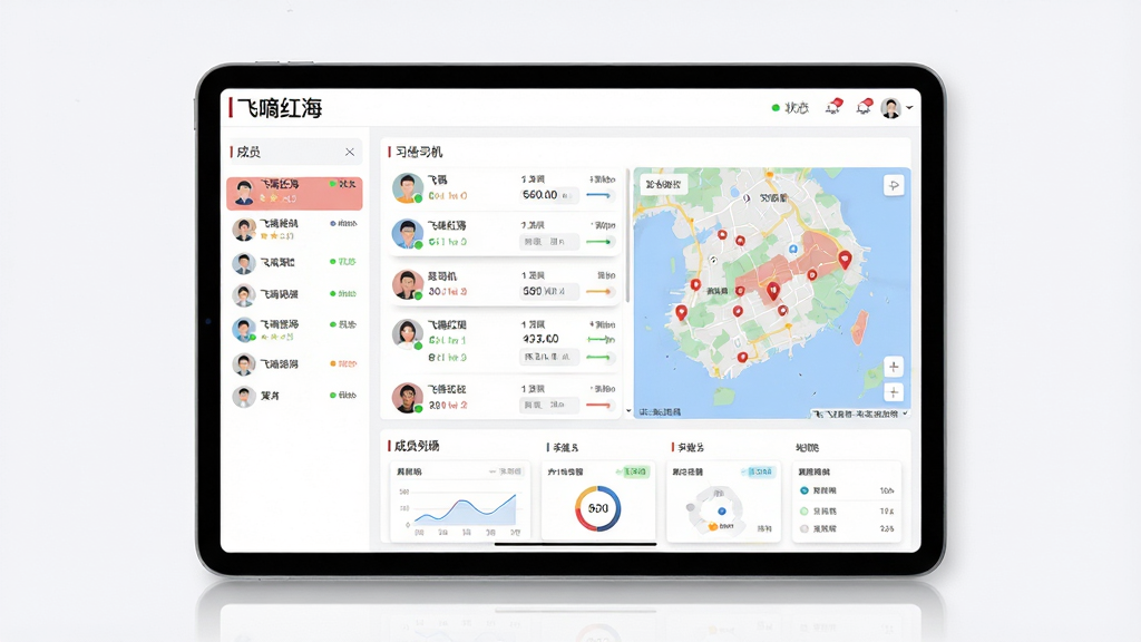 飞嘀红海车队管理界面展示图,画面中央是一部横屏平板设备,屏幕内显示车队管理后台,顶部有“飞嘀红海”字样,中部为司机列表和地图分布,底部有统计面板。布局采用左右分栏排版,左侧为成员列表,右侧为地图。风格为商务简约扁平风,细节包括状态指示灯、头像圆角、数据卡片阴影。画质高清,干净,无多余元素。