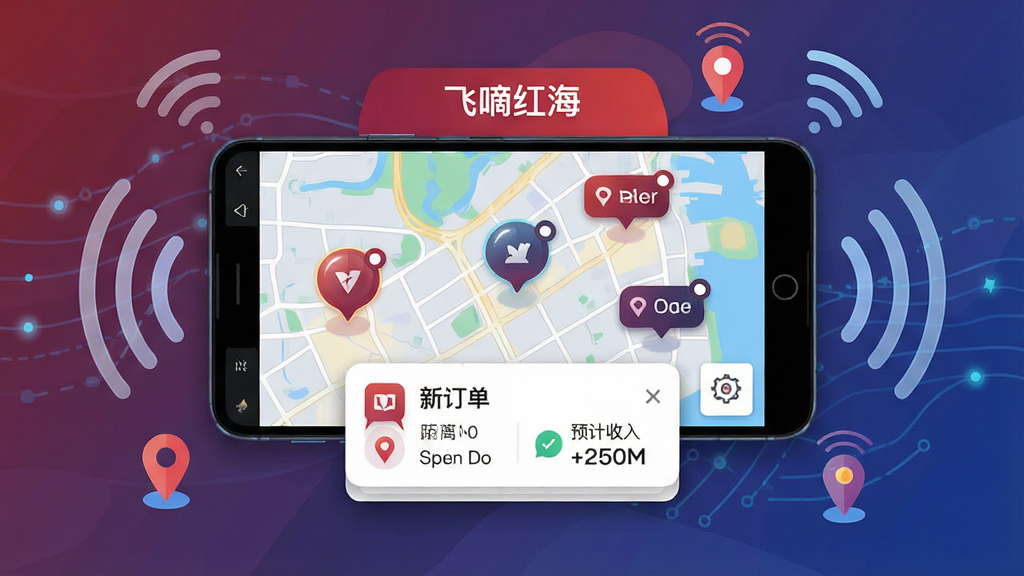 飞嘀红海智能听单功能展示图,画面主体为一部横放的安卓手机,屏幕内显示地图界面,地图上有多个订单气泡标记,顶部有“飞嘀红海”字样,底部弹出新订单卡片,卡片上有距离和预计收入信息。布局采用手机居中、周围环绕信号波纹和定位图标的排版方式。风格为科技感扁平插画,细节包括地图网格线、气泡高光、卡片圆角阴影。画质高清,干净,无多余元素。