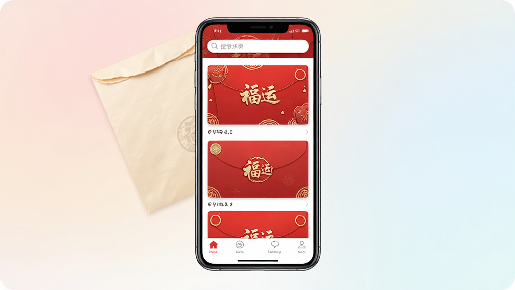 福运红包封软件主界面截图,画面中央展示手机屏幕,屏幕内呈现红色喜庆风格的红包封面列表,顶部有搜索框,底部有导航栏,背景为柔和浅色渐变,风格简洁明快,细节清晰,画质干净,无多余元素