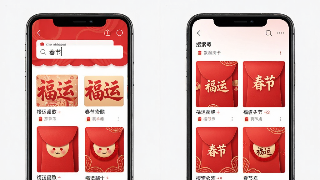 福运红包封搜索界面,手机屏幕显示搜索框内输入“春节”关键词,下方展示相关红包封面搜索结果,画面简洁,风格清爽,画质干净,无多余元素
