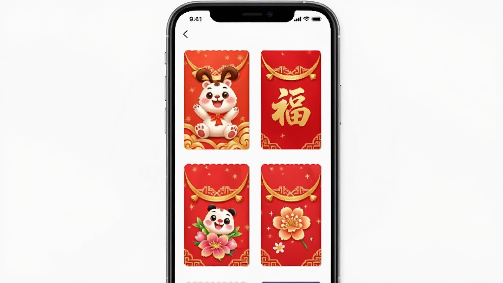 福运红包封应用内展示多款红包封面缩略图,画面以网格形式排列,包含卡通动物、传统福字、鲜花等元素,手机界面清晰,背景干净,风格活泼,画质细腻,无多余元素