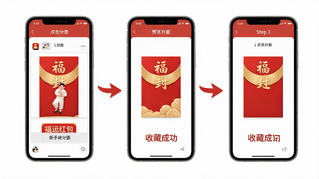 福运红包封新手操作示意图,画面展示手机屏幕分步操作流程,包含点击分类、预览封面、收藏成功三个步骤,配有箭头指引,风格简洁直观,画质干净,无多余元素
