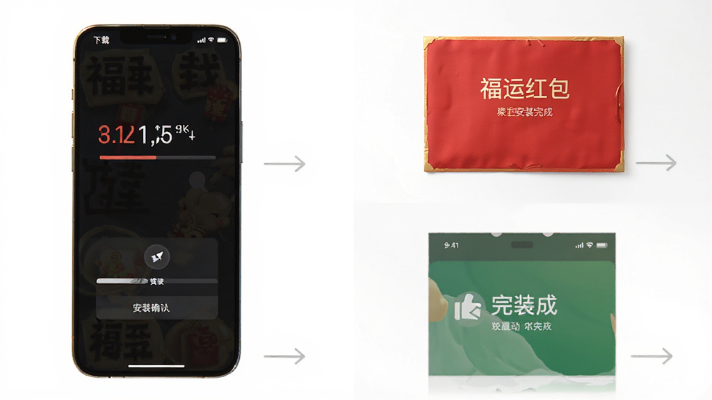 福运红包封安装步骤示意图,画面展示手机屏幕从下载到安装完成的四个步骤,包含下载进度条、安装确认弹窗、安装完成界面,风格清晰明了,画质干净,无多余元素