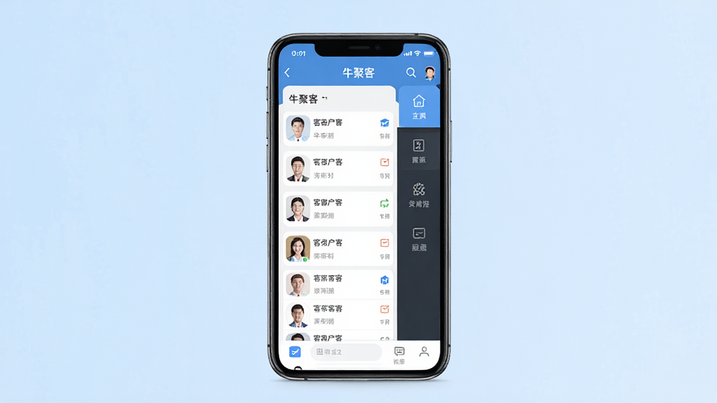 一张展示手机屏幕中牛聚客应用主界面的图片,画面中央是一部现代智能手机,屏幕上显示客户列表与功能菜单,背景为简洁的浅蓝色渐变,整体风格清爽商务,细节清晰,画质干净无多余元素,分辨率1080P