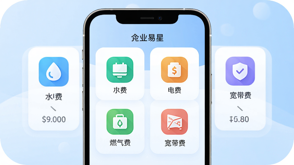 ҵ����APP����ɷѽ��棬չʾˮ�ѡ���ѡ�ȼ���ѡ������ѵȽɷ���ڣ�ͼ��ɫ������������Ϊǳ��ɫ���䣬�ֻ���Ļ����չʾ��Բ�ǿ�Ƭ��ƣ����廭�ʣ��޶���Ԫ��