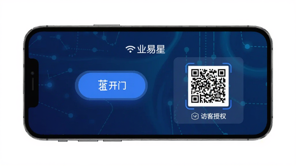 ҵ����APP�Ž����ܽ��棬��ʾ�������Ű�ť�ͷÿ���Ȩ��ά�룬����Ϊ����ɫ�Ƽ��н��䣬�ֻ���Ļչʾ������Ԫ����������ƽ����ƣ����廭�ʣ��޶���Ԫ��