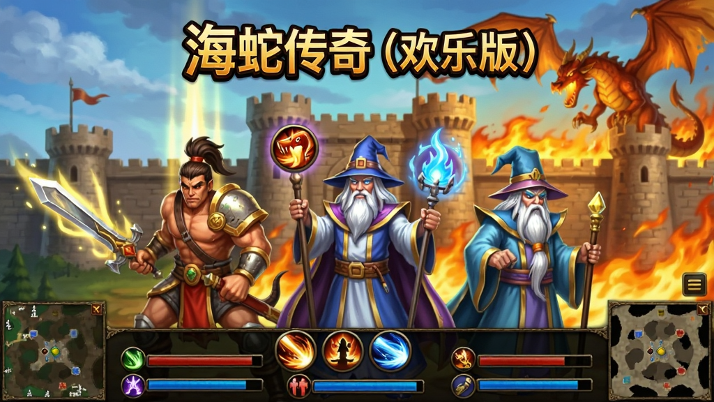 主体是海蛇传奇(欢乐版)游戏主界面截图风格,布局为中央展示战士、法师、道士三个职业角色并肩站立,背景是沙巴克城墙与火龙特效,排版采用上下结构上方为游戏Logo文字“海蛇传奇(欢乐版)”下方为角色展示区,风格为经典复古传奇画风,细节包括装备光柱、技能图标、血条蓝条、小地图等元素,画质高清、干净、无多余元素
