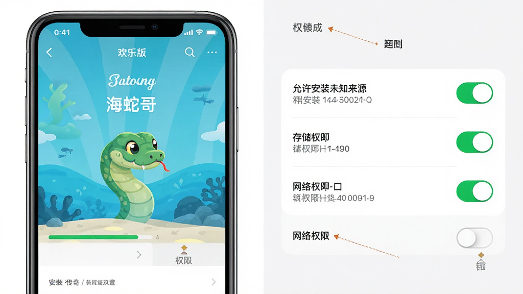 主体是海蛇传奇(欢乐版)手机安装界面与权限设置示意图,布局为左侧手机屏幕显示安装进度条右侧显示权限开关列表,排版采用左右对比布局,风格为手机系统设置界面风格,细节包括“允许安装未知来源”文字、存储权限开关、网络权限开关,画质高清、干净、无多余元素
