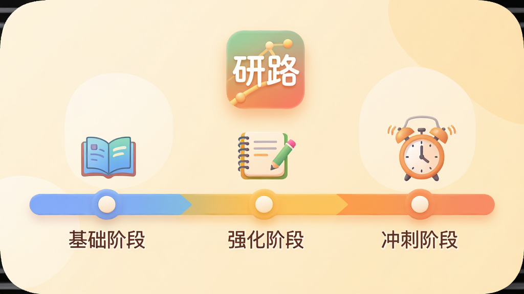 一张展示时间轴规划界面的插画,画面中央是一条从左到右延伸的彩色时间轴,上面标注着“基础阶段”“强化阶段”“冲刺阶段”三个节点,每个节点旁配有书本、笔记和闹钟的小图标。时间轴上方悬浮着“研路”APP的logo,整体风格柔和圆角,色调温暖明亮,排版整洁,画质高清,无多余装饰。