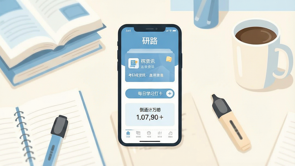 一张展示考研学生学习场景的插画,画面中央放置一部智能手机,手机屏幕上显示“研路”APP的首页界面,界面中包含院校资讯卡片、每日学习打卡按钮和倒计时模块。手机周围环绕着书本、笔记本、荧光笔和一杯咖啡,背景是安静的自习室桌面。整体风格清新简约,色调以浅蓝和暖白为主,画面干净整洁,文字清晰可辨,画质高清,无多余元素干扰。