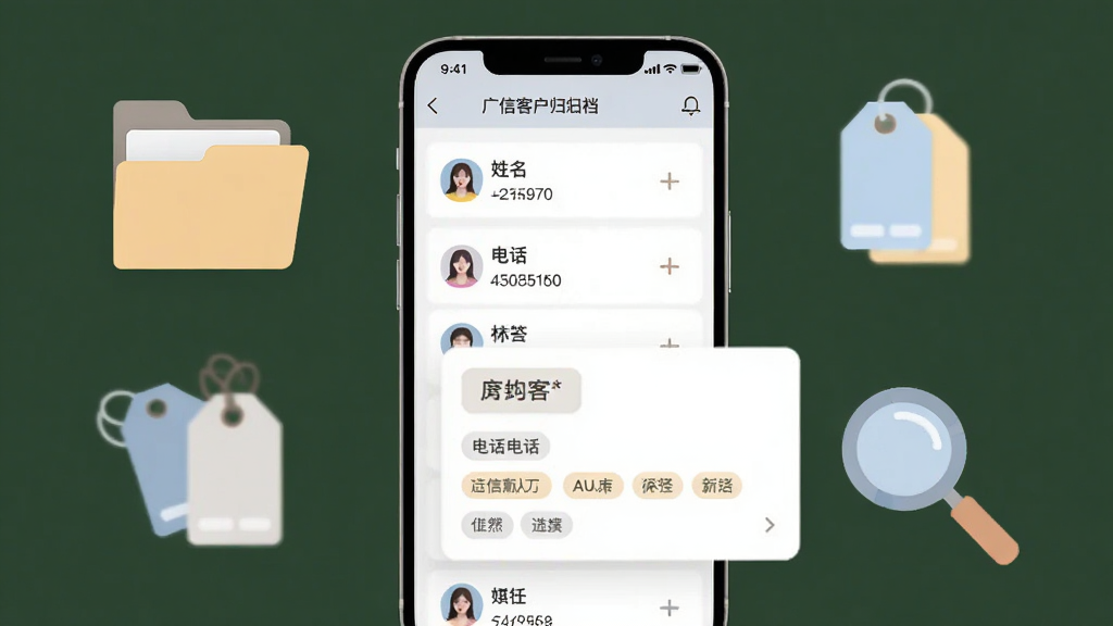 一幅展示广信预客户信息归档功能的界面示意图,画面中央是手机屏幕显示客户列表和详细信息卡片,卡片上包含姓名、电话、标签等字段,背景有文件夹、标签、放大镜等扁平图标,整体风格干净简约,配色柔和,画质高清,无多余装饰