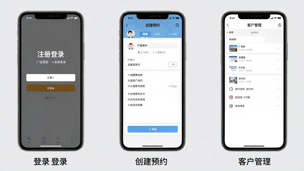 一幅展示广信预在手机端操作步骤的示意图,画面分为三个手机屏幕并排展示,从左到右依次是注册登录界面、创建预约界面和客户管理界面,每个屏幕下方有简短的操作标注,背景为浅灰色,整体风格简洁明了,画质清晰,无多余元素
