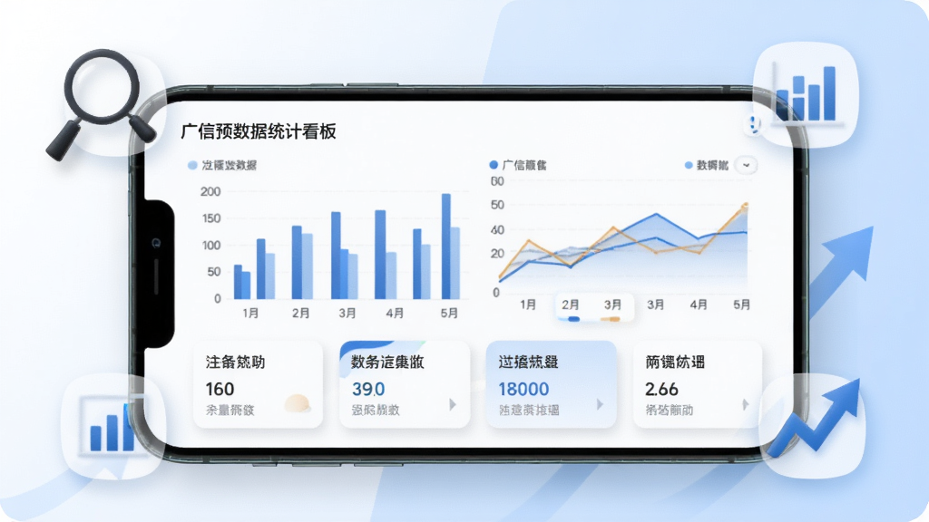 一幅展示广信预数据统计看板功能的界面截图风格图片,手机屏幕显示柱状图、折线图和数据卡片,背景为白色和浅蓝色,画面中有放大镜、图表、上升箭头等图标点缀,整体风格现代商务,排版清晰,画质高清,无多余元素