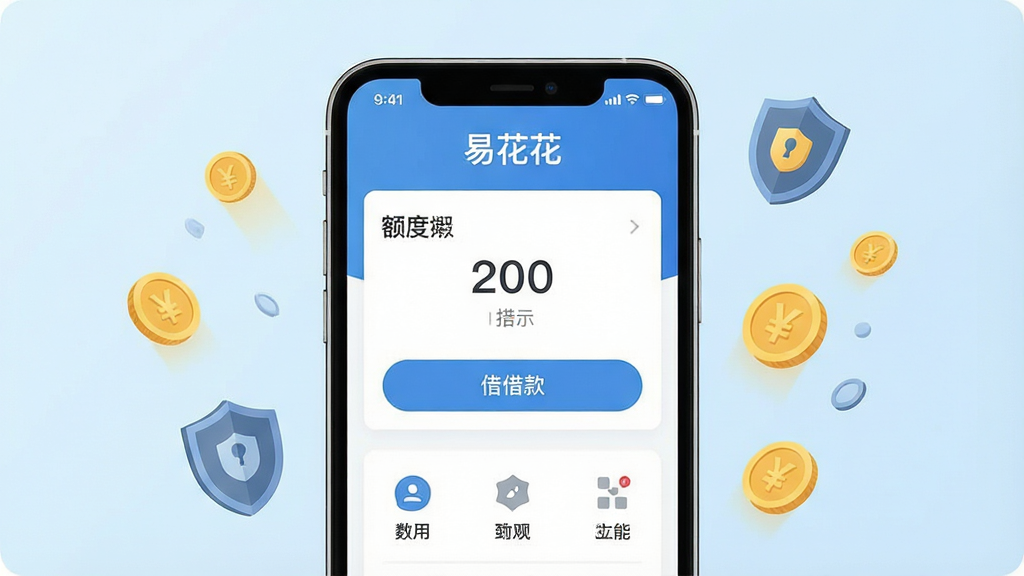 一张展示易花花手机应用界面的概念图。画面中心是一部竖屏智能手机,屏幕显示易花花应用的主页,顶部有“易花花”字样,页面布局包含额度展示区、借款按钮和功能图标。背景为干净的浅蓝色渐变,周围漂浮着代表资金流动的金色硬币和盾牌图标,象征安全与便捷。整体风格为扁平化科技插画,细节清晰,画质干净明亮,无多余元素。