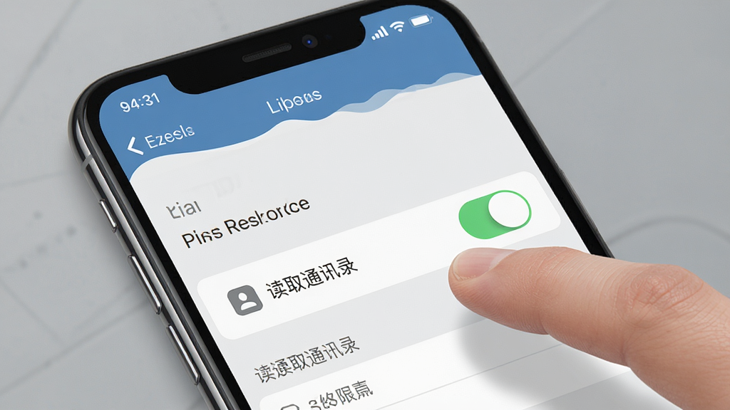 一张展示手机安全设置界面的示意图。画面中手机屏幕显示应用权限管理页面,用户手指正在点击关闭“读取通讯录”权限开关。背景为简洁的灰色调,突出手机界面细节。风格为写实UI风格,画质清晰,强调隐私保护操作。
