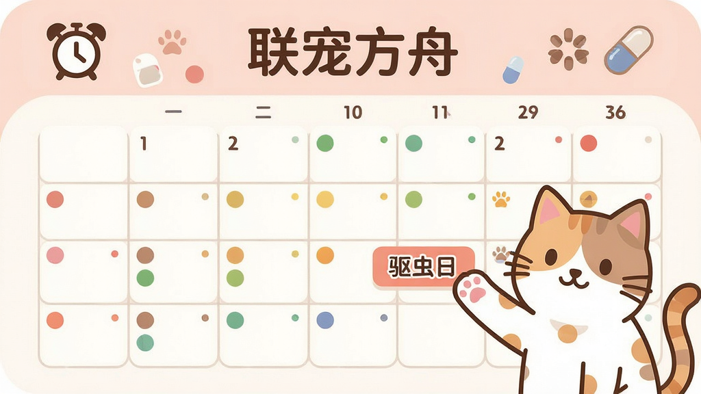 一张扁平化风格的日历页面,日期格子上标注着彩色圆点代表不同提醒事项,旁边有一只卡通风格的猫咪用爪子指着