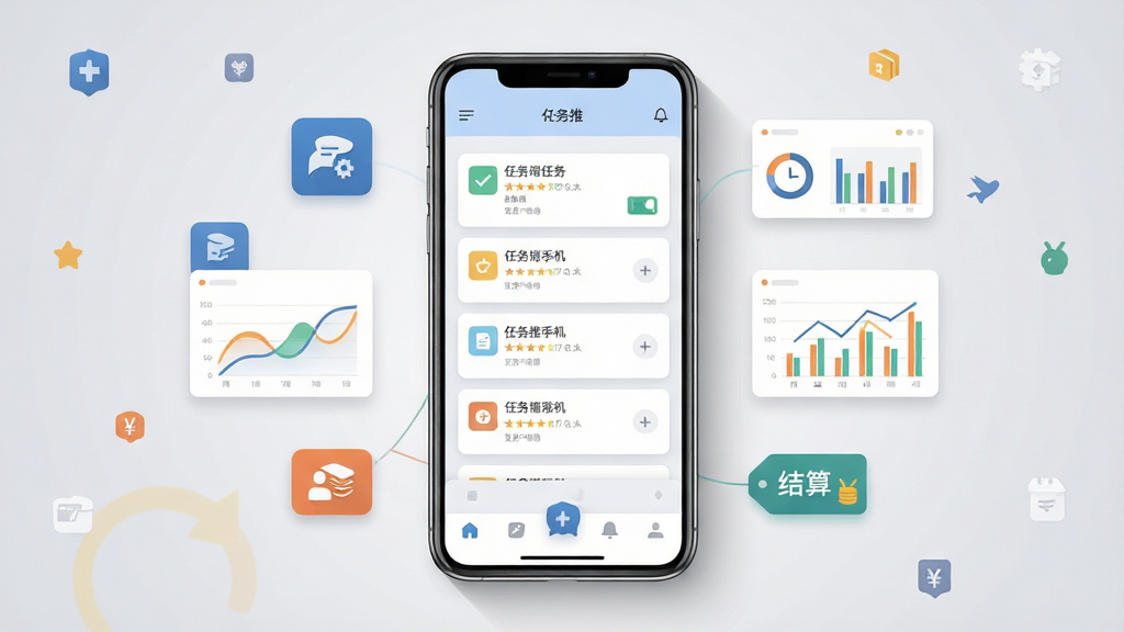 众创推手机应用主界面展示,画面中央是一部竖屏智能手机,屏幕内显示任务列表卡片和底部导航栏,手机周围环绕着任务图标、数据图表和结算标签等小元素,布局采用左右对称的居中构图,排版简洁清晰,风格为现代扁平化科技风,细节上手机边框带有轻微阴影,背景为浅灰渐变,画质高清干净,无多余装饰元素